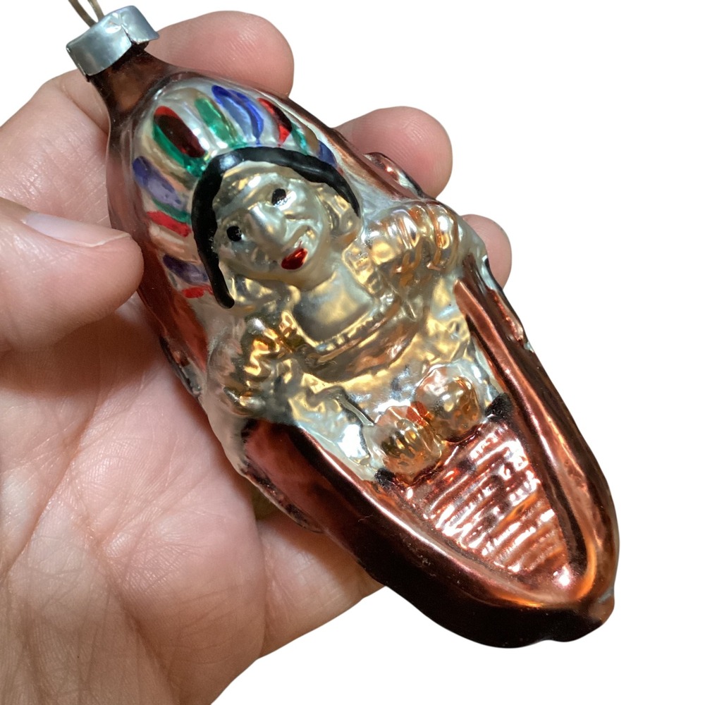 Vintage Christmas Ornament Native American Canoe Glass LGCollection West Germany